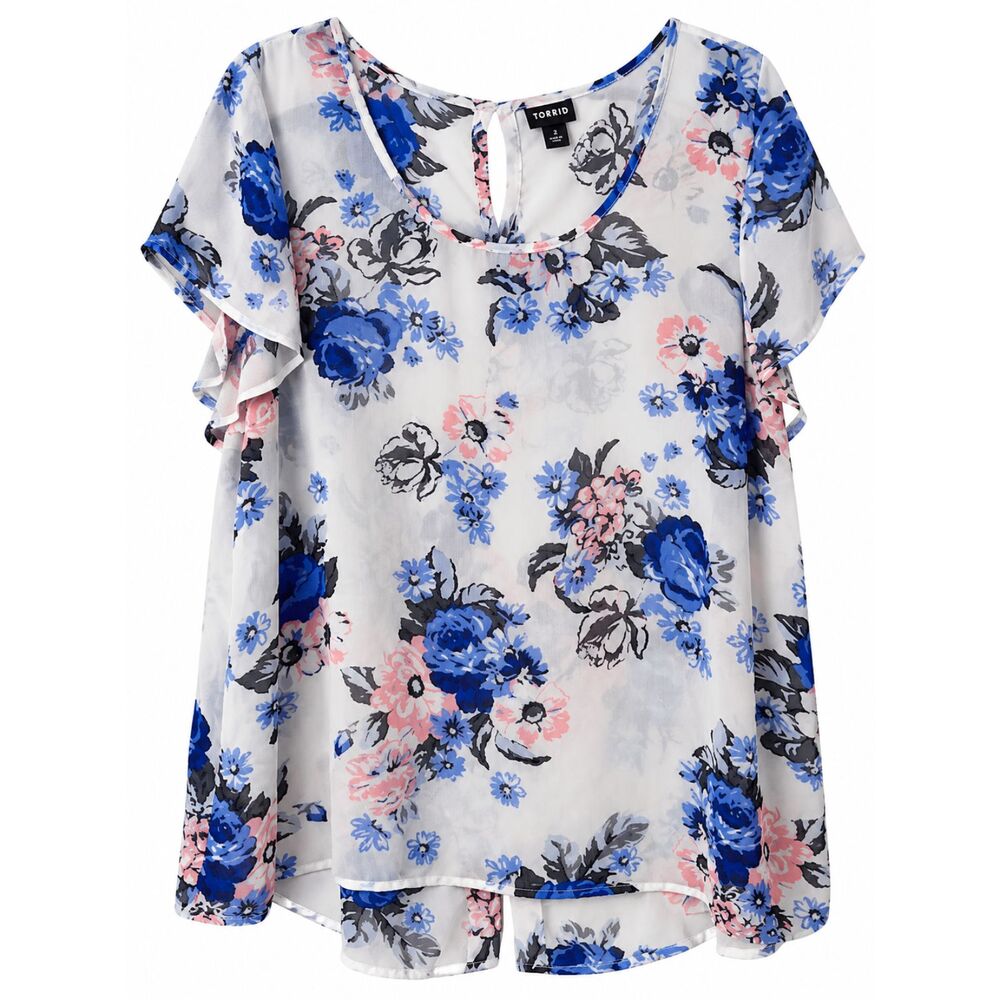 Torrid 2X 18/20 White Blue Pink Floral Chiffon Blouse Flutter Sleeve Plus